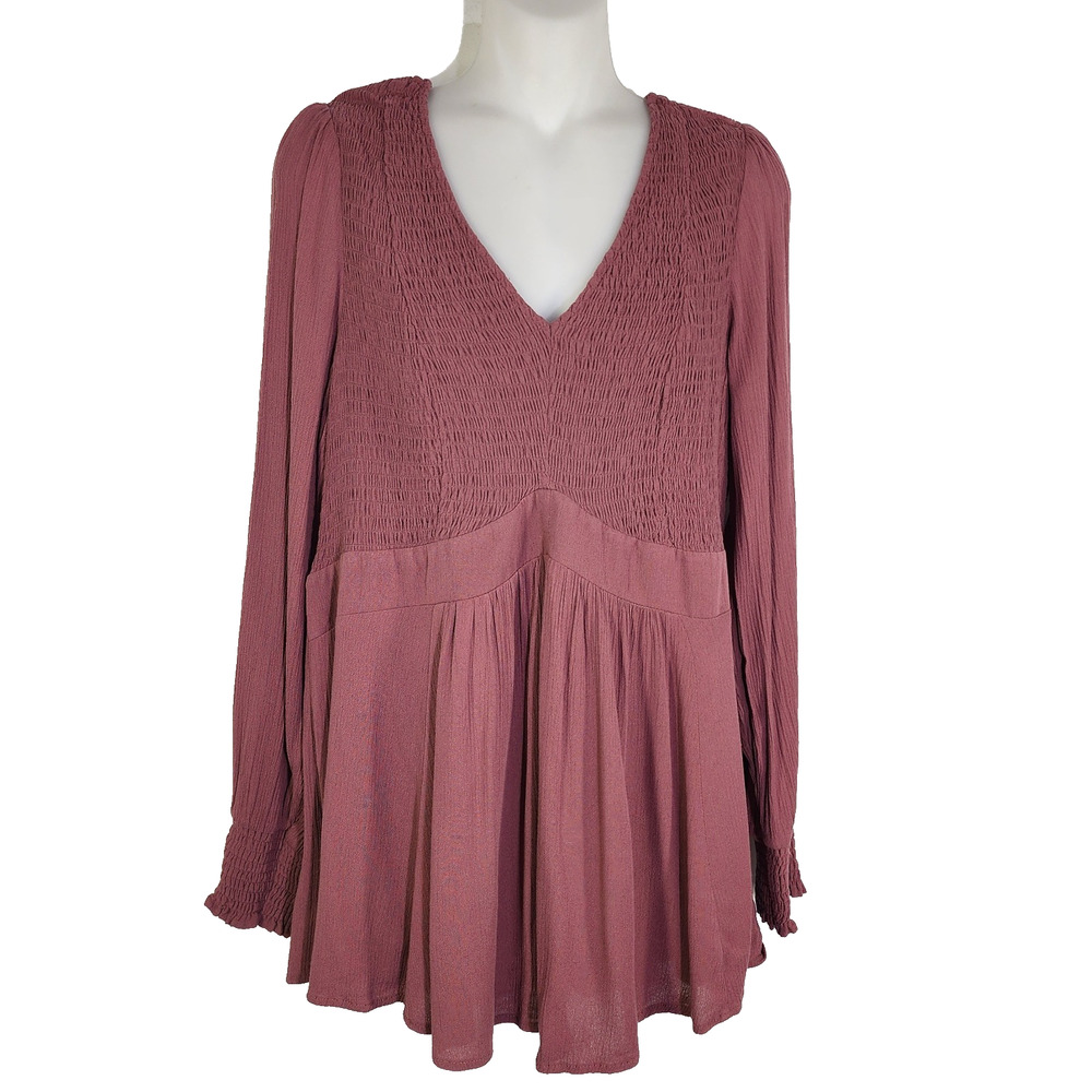 Torrid Womens Babydoll Crinkle Gauze Smocked Top Plus Size 1X Pink Long Sleeve
